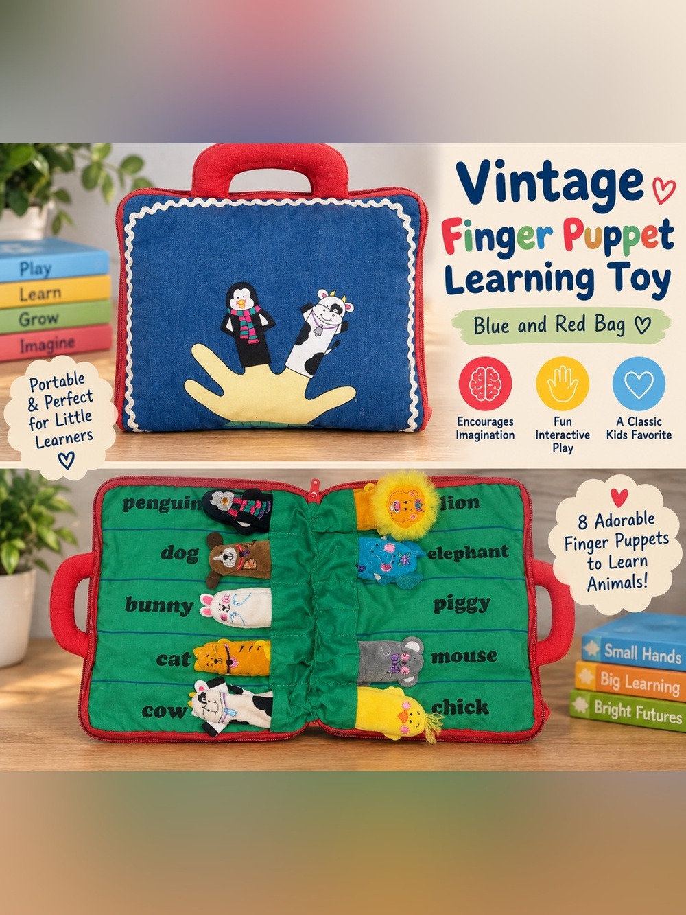 Vintage Finger Puppet with Blue and Red bag Kids Learning Toy